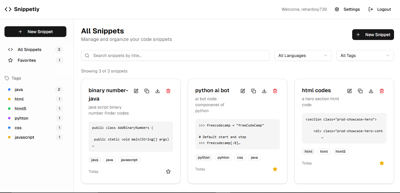 Snippetly Dashboard Preview - Manage and organize your code snippets